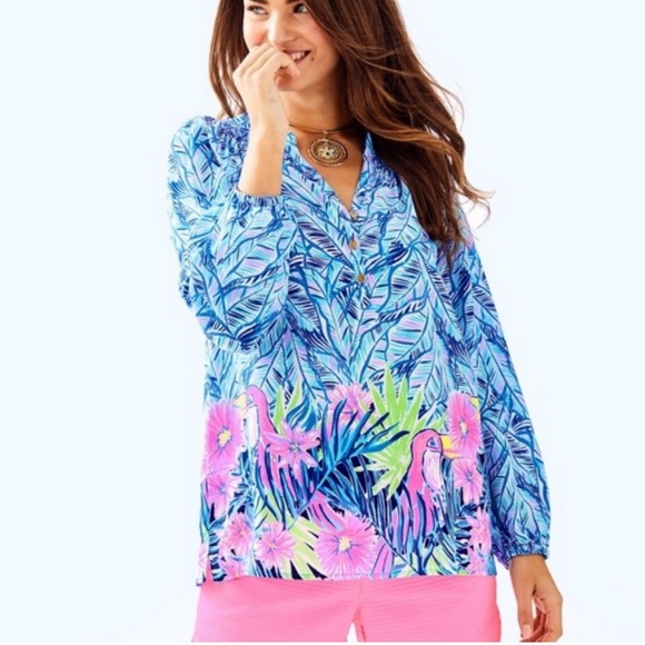Lilly Pulitzer 100% Silk Elsa Top Let's Mango M GUC - Picture 1 of 9
